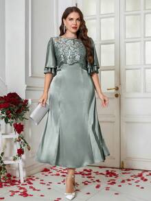 Ellevyn 大码优雅派对刺绣网纱拼接连衣裙 - 綠色 - 查看 9