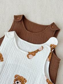 SHEIN Set de 2 piezas de pelele sin mangas con estampado de oso lindo para bebé recién nacido niño/niña, para verano - Marrón - Ver 7