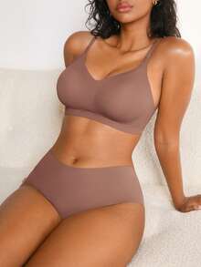 NudeFit 2pcs Set Minimalist Comfortable Jelly Gel Seamless Underwear, Includes Triangle Panties And Sleep Bra - Mocha Brown - View 5