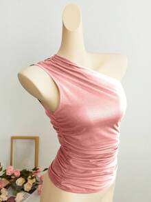 Elamini Áo kiểu ôm sát màu mơ, xếp ly, bất đối xứng vai, thời trang tối giản, thanh lịch, đa năng cho mặc hàng ngày và đi làm, mùa xuân/hè. - Màu Hồng baby - Xem 5