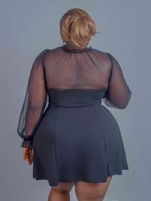 CurvyTilda 大碼繫帶領荷葉袖洋裝 - 黑色 - 查看 5