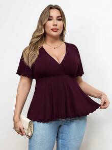 SHEIN Privé Plus Size Deep V-Neck Ribbed Knit A-Line Waist T-Shirt, Summer Tops Plus Size Tops - Rose Red - View 4