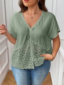 SHEIN Frenchy Áo kiểu mùa hè cỡ lớn, màu trơn, tay cánh dơi, phối ren. - màu xanh lá - Xem 6