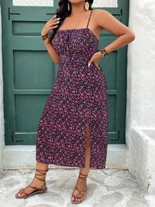 SHEIN Frenchy 大码女式碎花系带前侧开衩吊带连衣裙，度假风 - 彩色 - 查看 3