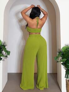 Slaydiva Plus Size Women Elegant Olive Green Summer Classy Night Out Club Halter Neck Hollow Out Wide Leg Pants Set, Sleeveless Tie-Knot Two Piece Outfit - Green - View 3