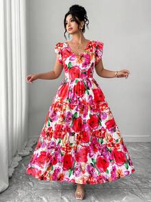 Elenzga 大码女士优雅褶皱短袖收腰长款飘逸印花连衣裙，适合海滩度假 - 彩色 - 查看 6