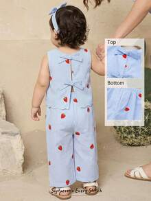 Cozy Pixies 2件套女婴草莓印花圆领无袖上衣和松紧腰裤套装 - 藍色 - 查看 1