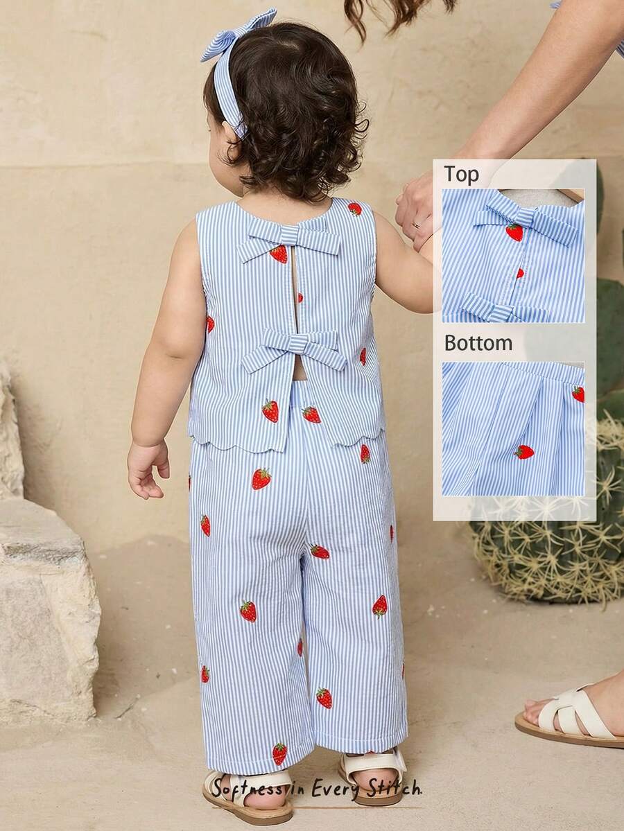 Cozy Pixies 2件套女婴草莓印花圆领无袖上衣和松紧腰裤套装 - 藍色 - 查看 1