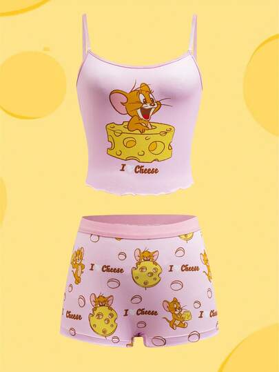 TOM & JERRY X SHEIN Women's Comfortable Cute Cartoon Mouse & Cheese Print Camisole Bra And Boyshorts Set
