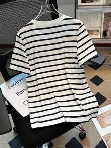 Resyla Women's Summer Cute Black And White Striped Short Sleeve T-Shirt,3D Rhinestone Bowknot Decor Round Neck Top For School,Back-To-School Everyday Wear - Black and White - View 2