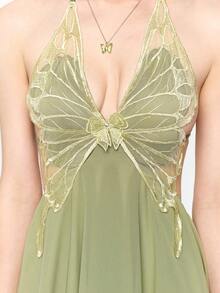 ROMWE Fairycore 仙女风蕾丝拼接系带露背迷你连衣裙 - 綠色 - 查看 7