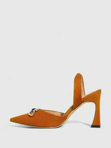 CUCCOO SZL Women's Caramel Pointed Toe Stiletto High Heels, Rhinestone Bow Tie Ankle Strap Faux Suede Pumps For Work And Party Valentine's Day - caramel color - View 5