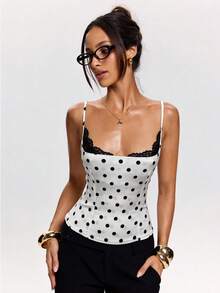 SHEIN BAE Áo hai dây chấm bi viền ren thanh lịch và thoải mái dành cho nữ, thích hợp cho mùa xuân và mùa hè, áo corset chấm bi, trang phục mùa xuân cho nữ, kỳ nghỉ xuân, ngày Valentine, áo dự tiệc thanh lịch, áo chấm bi. - Đen và trắng - Xem 4