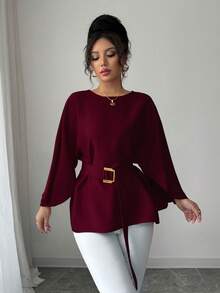 Selianne Women's French Style Round Neck Batwing Sleeve Waist Tie Shiny Red Blouse, Spring/Summer - Burgundy - View 3
