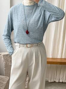 Livesso Women's Spring/Summer Casual Solid Color Loose Drop Shoulder Long Sleeve Top - Baby Blue - View 3