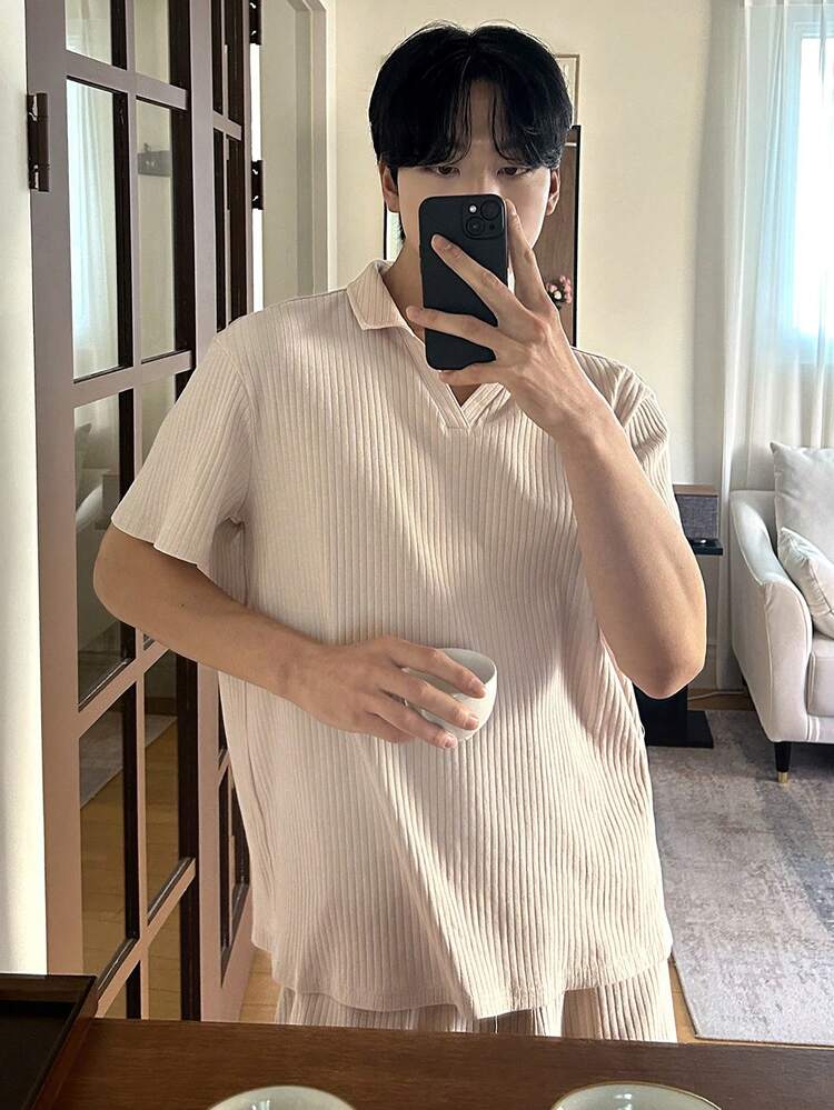 Summer Short Sleeve Polo Shirt Paired With Shorts Apricot Color Men Pajama Set