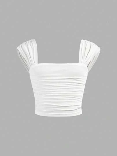 SHEIN Tween Girls' Casual Elegant Solid Color Crew Neck Ruched Cap Sleeve Fitted Mesh Splice Camisole Top T-Shirt, Suitable For Back To School And Parties