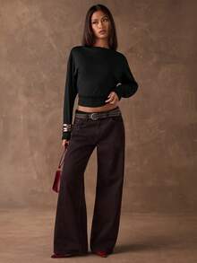 SHEIN BAE Femmes Sexy Mode Rue Décontracté Couleur Unie Drapé Dos Nu Manches Longues T-Shirt Court Noir, Printemps/Été - Noir - Voir 3