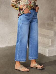 EMERY ROSE 女士休闲日常通勤百搭拼接口袋宽松阔腿牛仔裤 - 藍色 - 查看 8