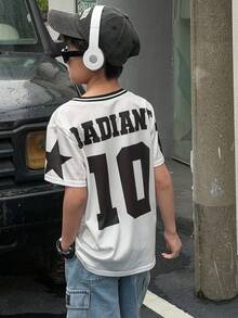 SHEIN Tween Boy Casual Versatile Letter Print Pattern Ribbed Collar Mesh Loose Knit T-Shirt, Suitable For School, Garden, Beach, Birthday, Spring, Summer, Autumn, Winter - Black and White - View 4