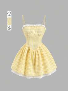 Sweetra Sweet & Alluring Series A-Line Contrast Lace Waist Cinching Spaghetti Strap Dress, Elegant French Style, Spring/Summer - Yellow - View 1