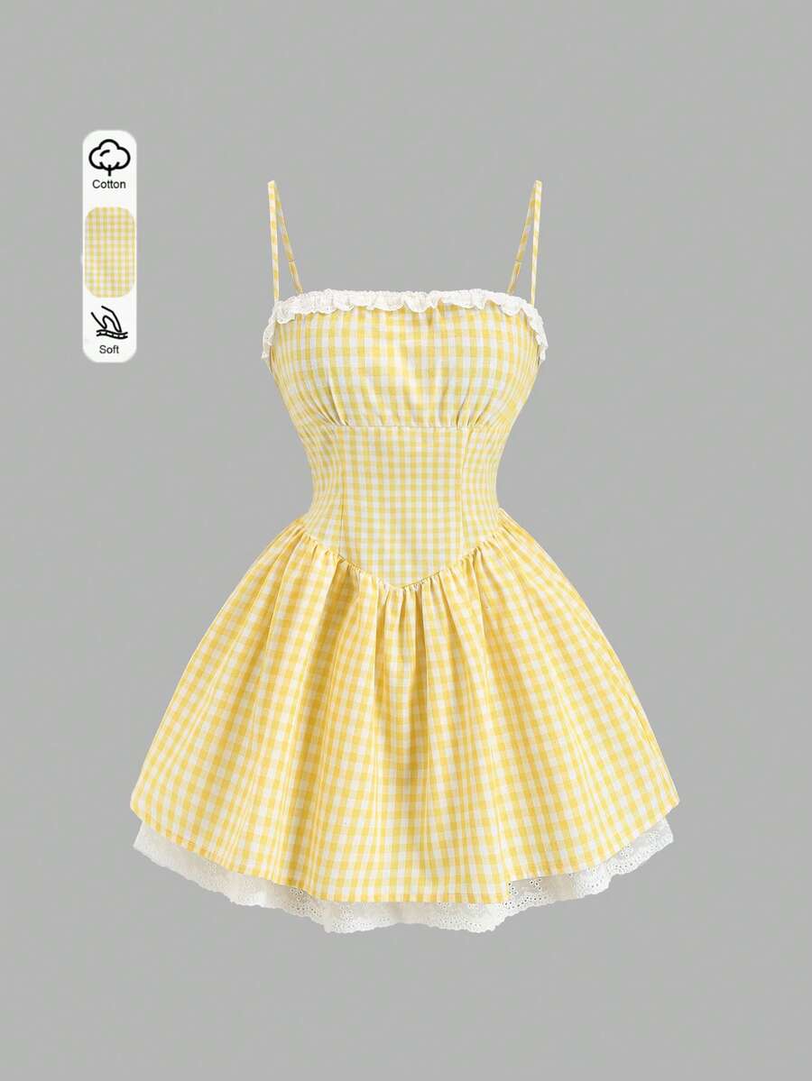 Sweetra Sweet & Alluring Series A-Line Contrast Lace Waist Cinching Spaghetti Strap Dress, Elegant French Style, Spring/Summer - Yellow - View 1