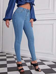 SHEIN Unity 女士休闲通勤水洗修身牛仔裤 - 淺色水洗藍 - 查看 4