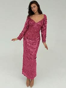 Aloruh Vestido largo de fiesta con cuello en forma de corazón y lentejuelas, para Navidad y Halloween - Burdeos - Ver 4