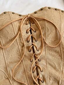 Soleia Áo croptop da lộn gợi cảm, kiểu dáng buộc dây, đính đinh tán, thích hợp cho kỳ nghỉ, hẹn hò, tiệc trà chiều, du lịch, lễ hội âm nhạc, phong cách boho, du thuyền, bãi biển, mùa hè. - Màu Khaki - Xem 4