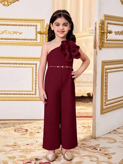 Young Girl Solid Color Knit Asymmetric Floral Jumpsuit