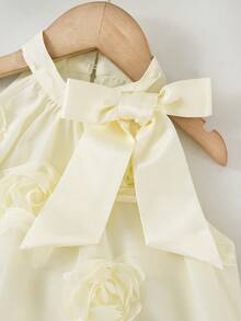 Young Girl's Stand Collar Mesh Floral Casual Loose Halter Dress - Apricot - View 5