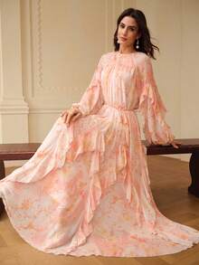 SHEIN X Scot Louie ZEYLAH Elegant Romantic Floral Print Flowy Ruffle Hem A-Line Dress, Spring/Summer - Baby Pink - View 11