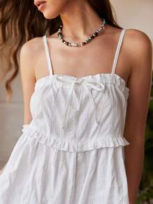 Bohemian Casual Romper Jumpsuit For Women, Woven Cotton Fabric, Romantic Ruffled Strap Design - White - View 6