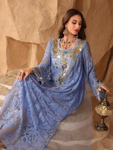 Al Najma Women's Square Neck Sequin Embroidered Blue Lace Long Sleeve Mesh Loose Fit Dress - Blue - View 6