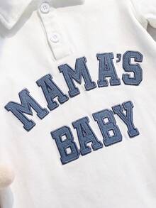 SHEIN 2件套男女宝宝牛仔标语刺绣短袖连体衣和牛仔遮阳帽套装，春夏男宝宝服装，套装，复活节 - 藍色 - 查看 6