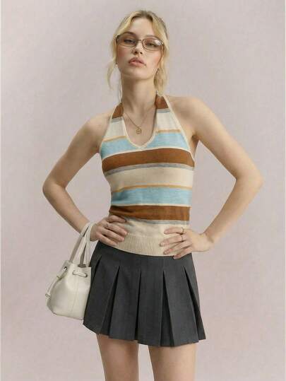 Muvela Vintage randig halterneck med knytband och rygglös elastisk stickad väst för kvinnor, retro Y2K-estetik, lämplig för casual, kontor, sommarsemester, strand, dejt, fest, examen, tillbaka till skolan, mångsidig och moderiktig