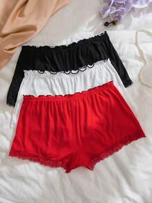 PetitDoll 3 条装大码女式棉质内裤，带蕾丝裤脚和荷叶边腰带，休闲 - 彩色 - 查看 2