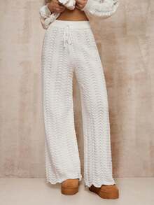 Glamine Women's Perforated Texture Straight Leg Casual Knit Pants, Spring/Autumn White Beach Pants White Wide Leg Pants Women Lace Up Pants - Apricot - View 7