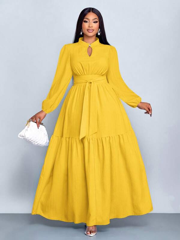 SOLERSUN 大码女装纯色宽松休闲立领前开衩水滴扣高端设计长袖腰带修身A字长裙，优雅舒适休闲时尚通勤气质连衣裙，新款，日常穿着，新年、秋季、冬季、约会、圣诞节，女装