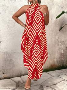 EMERY ROSE Plus Size Women Vacation Striped Casual Fashion Halter Dress - Red - View 3