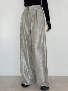FRIFUL Women's Fashionable Commuter Metallic Wide Leg Pants - Gold - View 2