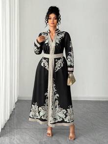 Elenzga Fashionable Casual French Retro Elegant Stand Collar Waist Cinched Floral Print Dress - Black - View 4
