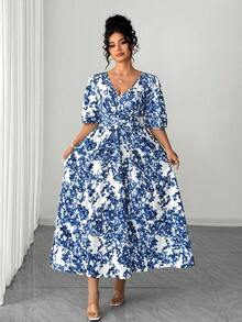 SHEIN Elenzya Đầm nữ cỡ lớn in hoa, cổ chữ V xẻ tà, tay ngắn, eo thắt, dáng suông, thích hợp cho kỳ nghỉ. - Nhiều màu - Xem 6
