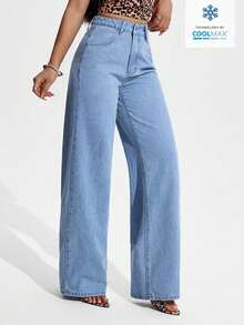 SHEIN PETITE 女士高腰口袋阔腿宽松休闲百搭牛仔裤 - 淺色水洗藍 - 查看 6