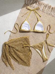 Swim Vcay 2026 Spring/Summer Women 3 PiecesSwimsuit Set, Gold Sequin Star Design Bikini Beachwear - Gold - View 7