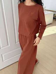 DAZY 极简刺绣字母装饰针织阔腿裤女士家居服套装 - 棕色 - 查看 3