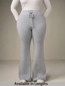 SHEIN Tall CURVE 大码休闲低腰抽绳弹力运动裤喇叭裤运动裤保暖内衬复合绒适合秋冬季 - 灰色 - 查看 1