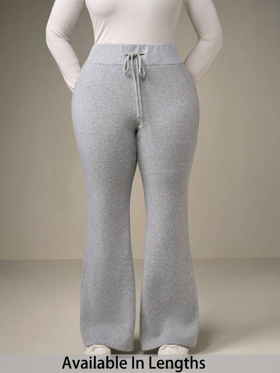 SHEIN Tall CURVE 大码休闲低腰抽绳弹力运动裤喇叭裤运动裤保暖内衬复合绒适合秋冬季 - 灰色 - 查看 1