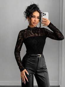 Rafferiza Petite Áo thun dài tay ren xuyên thấu gợi cảm thanh lịch dành cho nữ - màu đen - Xem 5