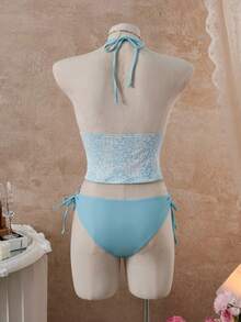 Swim Mod 女士夏季海滩度假蓝色花卉撞色扭结挂脖式比基尼泳衣，2026新款女士泳装到货，适合上学、度假、约会、下午茶、西式、邮轮、海滩、海岛、公路旅行、四季皆宜、音乐节、波西米亚风度假、凉爽秋季、西部波西米亚风、优雅女士比基尼套装水蓝色比基尼沙滩两件套沙滩上衣比基尼套装度假泳装绿洲两件套 - 藍色 - 查看 3